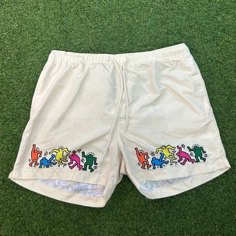 Keith Haring Ripple Junction Swim Trunks Mens Large Cream Dancing Man Pop Art